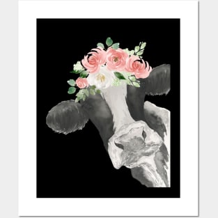 Watercolor Cow with Floral Crown Posters and Art